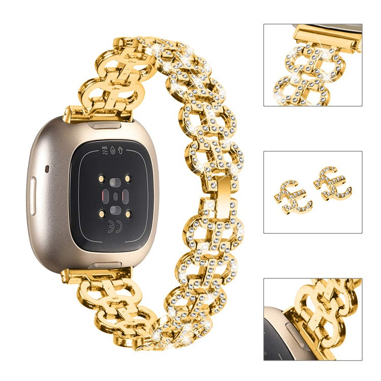 For Fitbit Versa 3 / Sense Rhinestones Decor Zinc Alloy Replace Strap Gourd Shape Watch Band - Gold