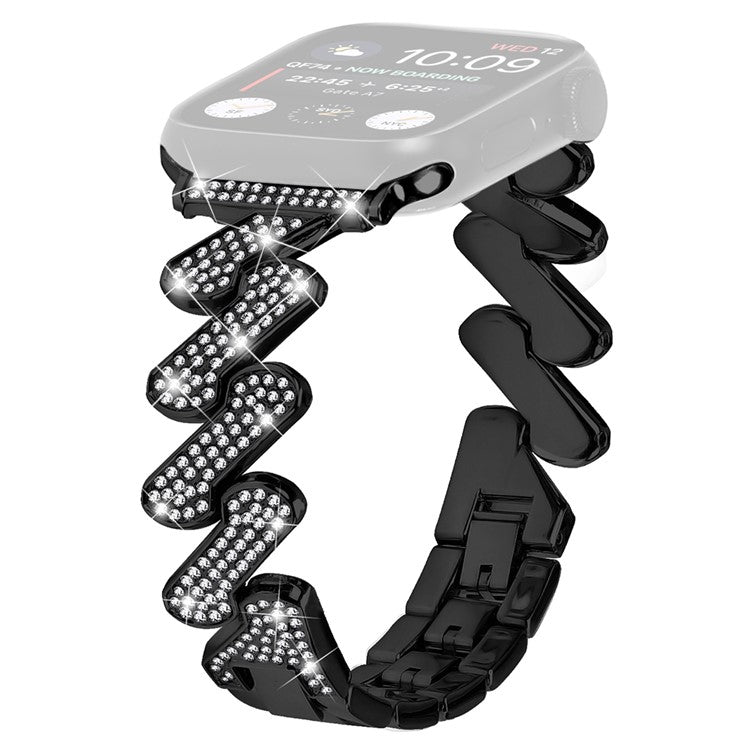 For Apple Watch Series 10 46mm / Ultra 2 Ultra 49mm /  Series 9 8 7 45mm / 6 5 4 SE (2023) SE (2022) SE 44mm / 3 2 1 42mm Rhinestones Decor Strap Zinc Alloy Wrist Band - Black