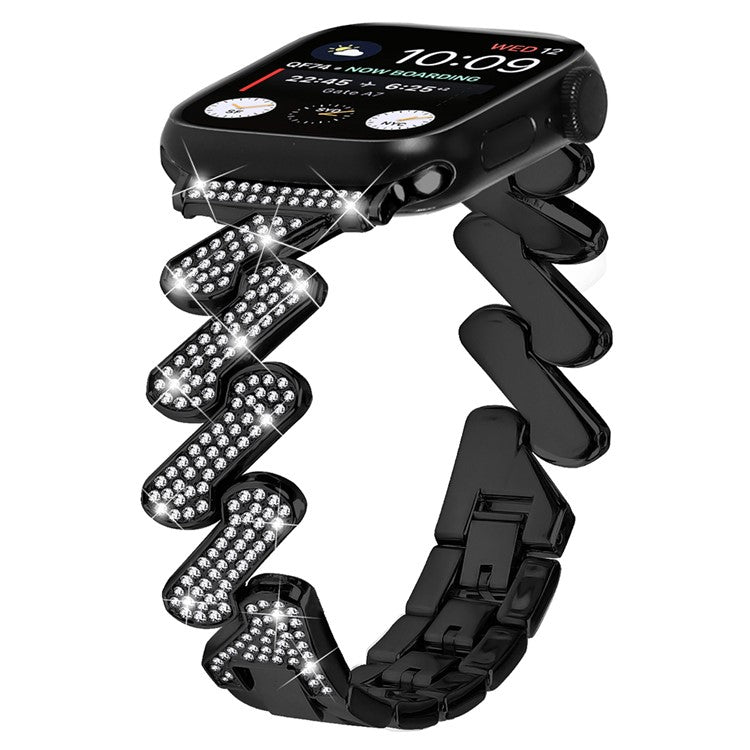 For Apple Watch Series 10 46mm / Ultra 2 Ultra 49mm /  Series 9 8 7 45mm / 6 5 4 SE (2023) SE (2022) SE 44mm / 3 2 1 42mm Rhinestones Decor Strap Zinc Alloy Wrist Band - Black
