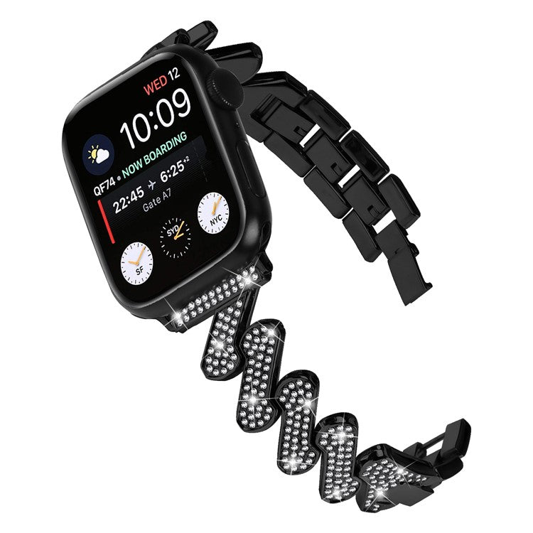 For Apple Watch Series 10 46mm / Ultra 2 Ultra 49mm /  Series 9 8 7 45mm / 6 5 4 SE (2023) SE (2022) SE 44mm / 3 2 1 42mm Rhinestones Decor Strap Zinc Alloy Wrist Band - Black