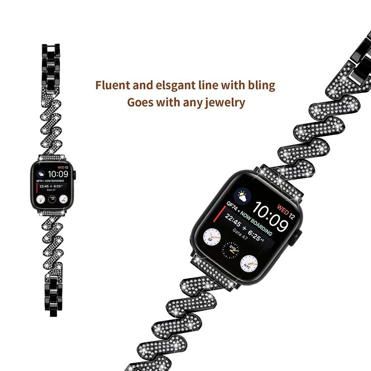 For Apple Watch Series 10 46mm / Ultra 2 Ultra 49mm /  Series 9 8 7 45mm / 6 5 4 SE (2023) SE (2022) SE 44mm / 3 2 1 42mm Rhinestones Decor Strap Zinc Alloy Wrist Band - Black