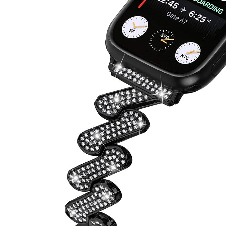 For Apple Watch Series 10 46mm / Ultra 2 Ultra 49mm /  Series 9 8 7 45mm / 6 5 4 SE (2023) SE (2022) SE 44mm / 3 2 1 42mm Rhinestones Decor Strap Zinc Alloy Wrist Band - Black