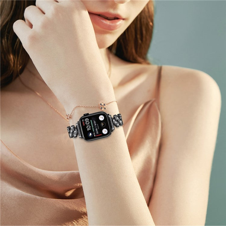 For Apple Watch Series 10 46mm / Ultra 2 Ultra 49mm /  Series 9 8 7 45mm / 6 5 4 SE (2023) SE (2022) SE 44mm / 3 2 1 42mm Rhinestones Decor Strap Zinc Alloy Wrist Band - Black