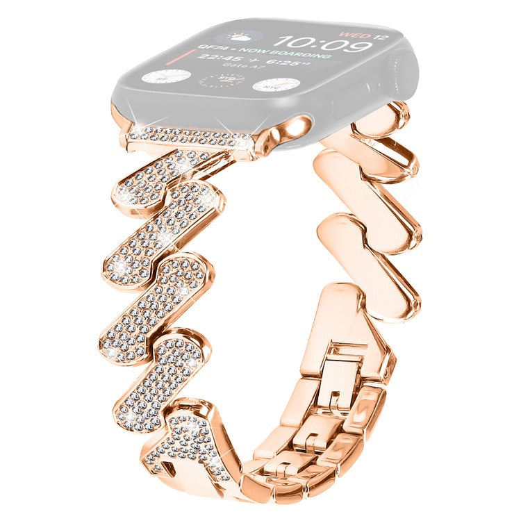 For Apple Watch Series 10 46mm / Ultra 2 Ultra 49mm / Series 9 8 7 45mm / 6 5 4 SE (2023) SE (2022) SE 44mm / 3 2 1 42mm Rhinestones Decor Strap Zinc Alloy Wrist Band - Rose Gold