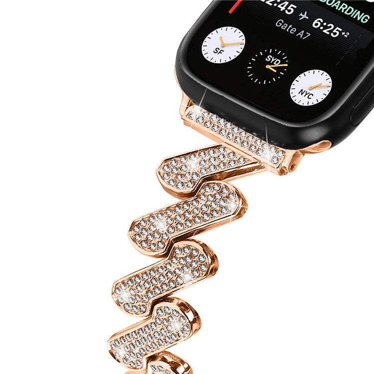 For Apple Watch Series 10 46mm / Ultra 2 Ultra 49mm / Series 9 8 7 45mm / 6 5 4 SE (2023) SE (2022) SE 44mm / 3 2 1 42mm Rhinestones Decor Strap Zinc Alloy Wrist Band - Rose Gold