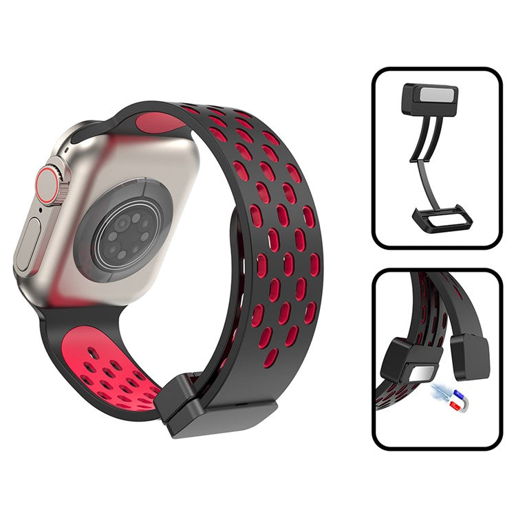 Watch Band for Apple Watch Series 10 46mm / Ultra 2 Ultra 49mm / Series 9 8 7 45mm / 6 5 4 SE (2023) SE (2022) SE 44mm / 3 2 1 42mm , Dual-Color Silicone Magnetic Strap - Black+Red