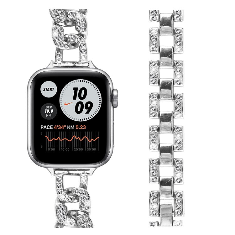 Alloy Watch Strap for Apple Watch Series 10 46mm / Ultra 2 Ultra 49mm / Series 9 8 7 45mm / 6 5 4 SE (2023) SE (2022) SE 44mm / 3 2 1 42mm , Rhinestone Decor Watch Band - Silver