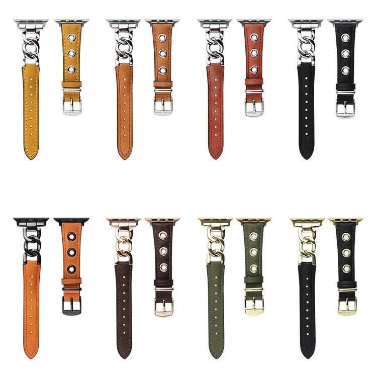 For Apple Watch Series 10 46mm / Ultra 2 Ultra 49mm / Series 9 8 7 45mm / 6 5 4 SE (2023) SE (2022) SE 44mm / 3 2 1 42mm AW Watch Strap Chain Hole Genuine Cow Leather Band - Black+Silver Buckle