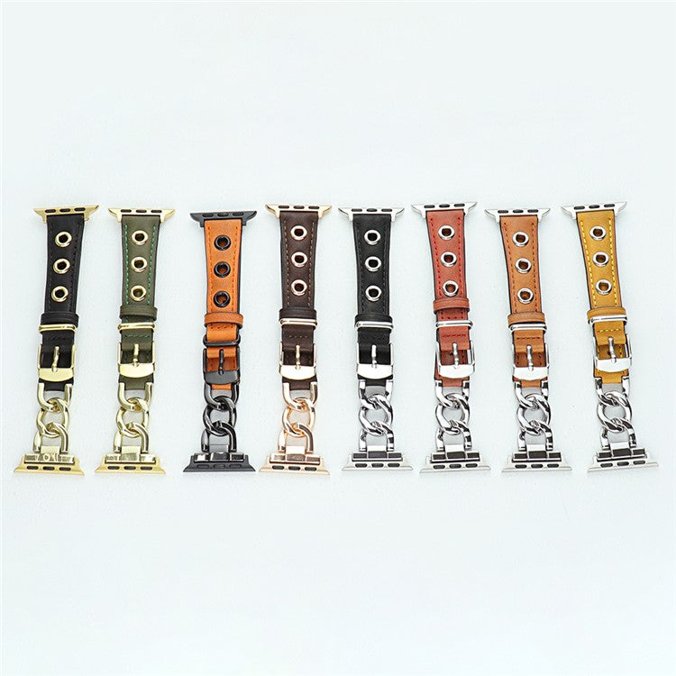 For Apple Watch Series 10 46mm / Ultra 2 Ultra 49mm / Series 9 8 7 45mm / 6 5 4 SE (2023) SE (2022) SE 44mm / 3 2 1 42mm AW Watch Strap Chain Hole Genuine Cow Leather Band - Orange+Black Buckle