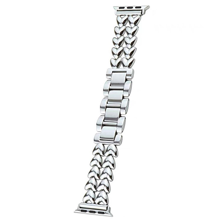 Metal Watch Band for Apple Watch Series 10 46mm / Ultra 2 Ultra 49mm / Series 9 8 7 45mm / 6 5 4 SE (2023) SE (2022) SE 44mm / 3 2 1 42mm , Double-Row Heart Bracelet Strap - Silver