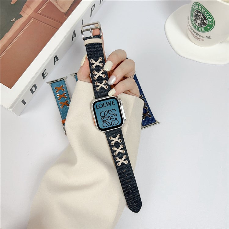 Watch Strap for Apple Watch Series 10 42mm / 9 8 7 41mm / SE (2023) SE (2022) SE 6 5 4 40mm / 3 2 1 38mm Canvas Nylon X Decor Watch Band - Black