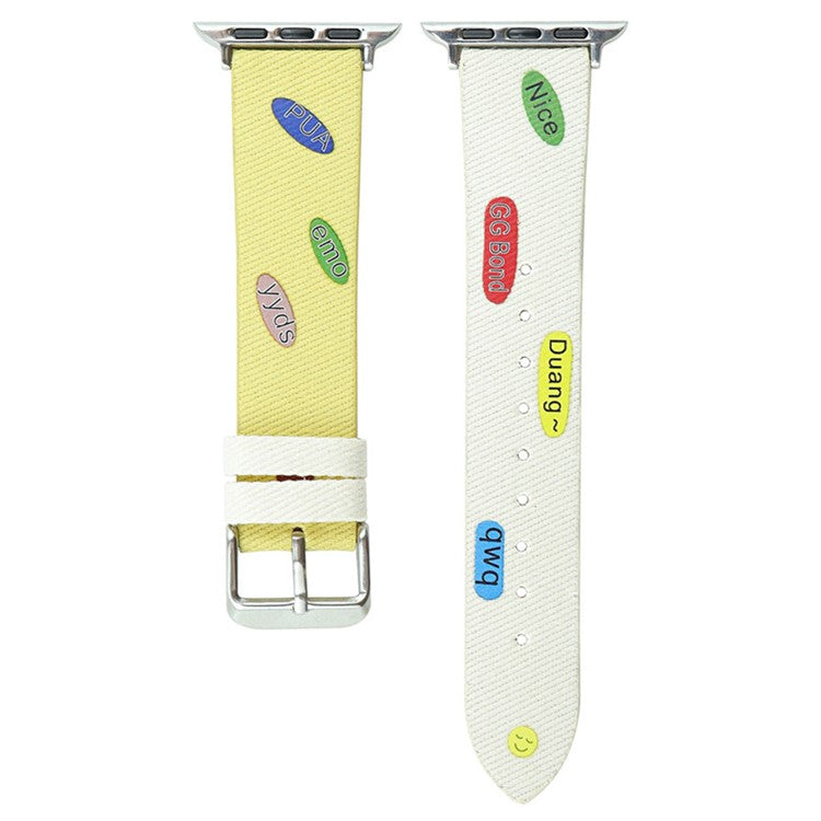 For Apple Watch Series 10 46mm / Ultra 2 Ultra 49mm / Series 9 8 7 45mm / 6 5 4 SE (2023) SE (2022) SE 44mm / 3 2 1 42mm Cute Words Canvas Watchband Replacement Watch Strap - Yellow / White