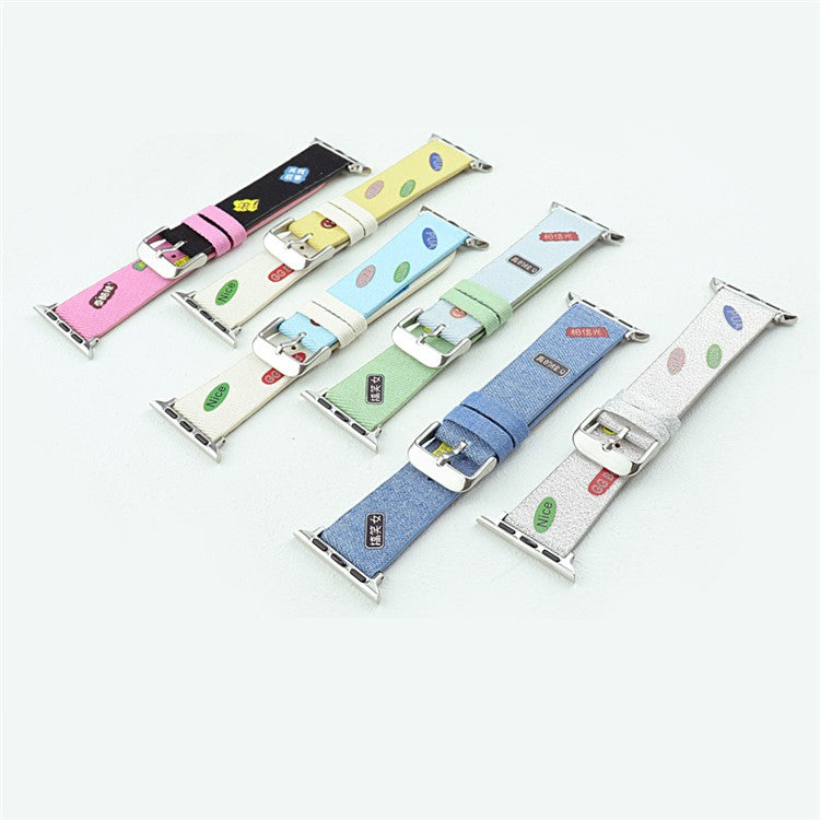 For Apple Watch Series 10 46mm / Ultra 2 Ultra 49mm / Series 9 8 7 45mm / 6 5 4 SE (2023) SE (2022) SE 44mm / 3 2 1 42mm Cute Words Canvas Watchband Replacement Watch Strap - Yellow / White