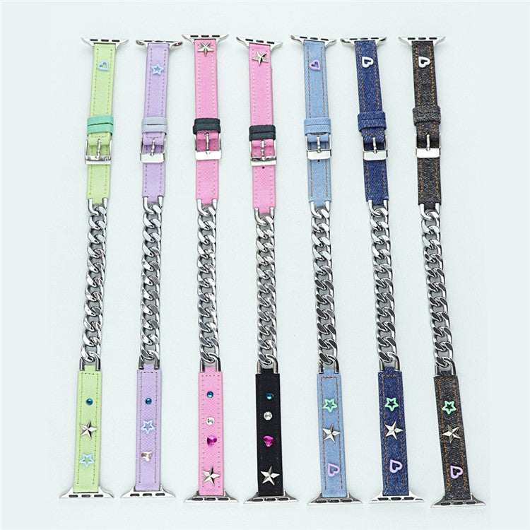 Watch Strap for Apple Watch Series 10 42mm / 9 8 7 41mm / SE (2023) SE (2022) SE 6 5 4 40mm / 3 2 1 38mm Rivet Decor Watch Strap Genuine Cow Leather Metal Chain Watchband - Blue