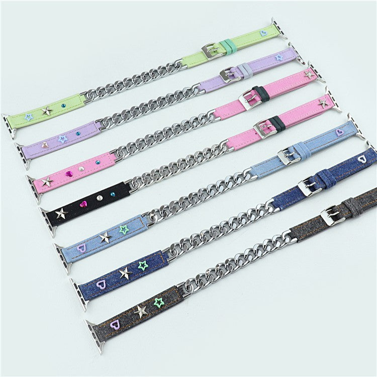 Watch Strap for Apple Watch Series 10 42mm / 9 8 7 41mm / SE (2023) SE (2022) SE 6 5 4 40mm / 3 2 1 38mm Rivet Decor Watch Strap Genuine Cow Leather Metal Chain Watchband - Blue