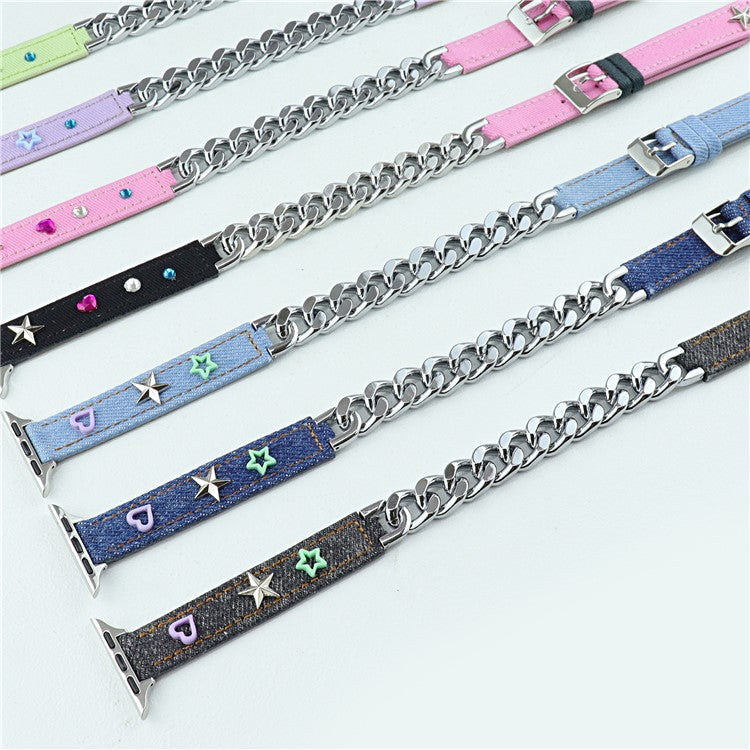 Watch Strap for Apple Watch Series 10 42mm / 9 8 7 41mm / SE (2023) SE (2022) SE 6 5 4 40mm / 3 2 1 38mm Rivet Decor Watch Strap Genuine Cow Leather Metal Chain Watchband - Blue