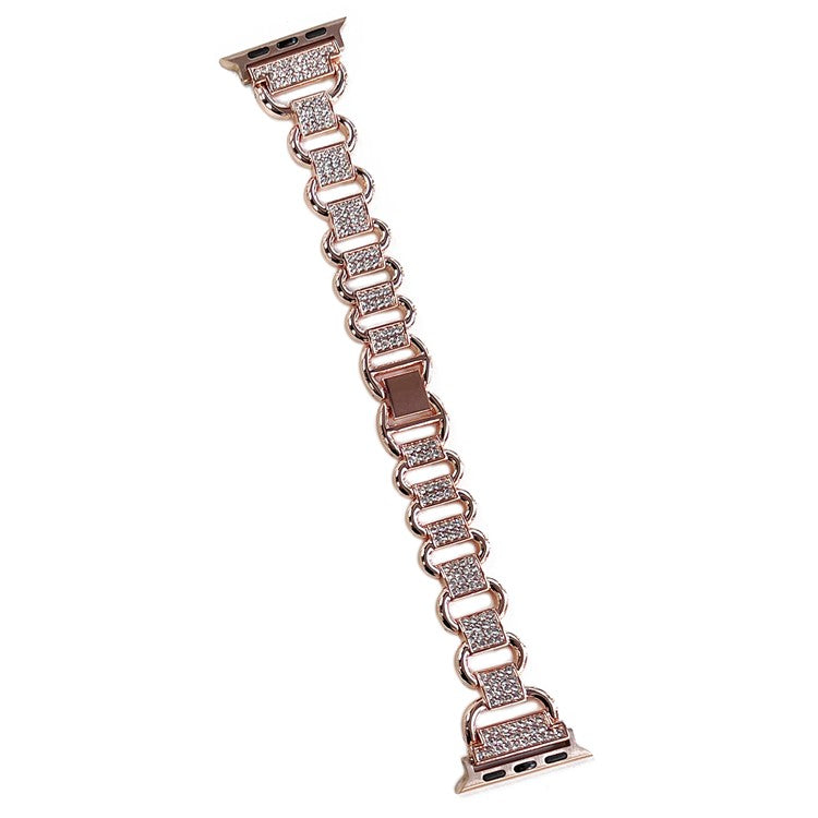 For Apple Watch Series 10 46mm / Ultra 2 Ultra 49mm / Series 9 8 7 45mm / 6 5 4 SE (2023) SE (2022) SE 44mm / 3 2 1 42mm AW Metal Watch Strap Rhinestone Decor Hollow Watchband - Rose Gold