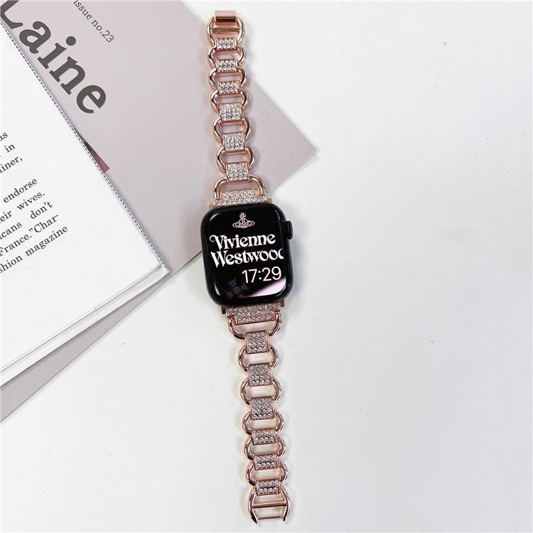 For Apple Watch Series 10 46mm / Ultra 2 Ultra 49mm / Series 9 8 7 45mm / 6 5 4 SE (2023) SE (2022) SE 44mm / 3 2 1 42mm AW Metal Watch Strap Rhinestone Decor Hollow Watchband - Rose Gold