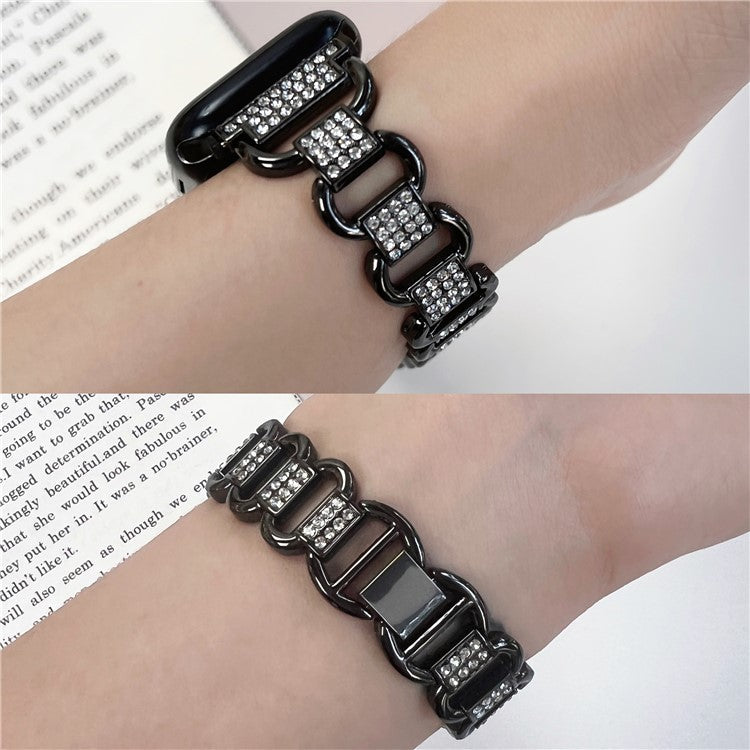 For Apple Watch Series 10 46mm / Ultra 2 Ultra 49mm / Series 9 8 7 45mm / 6 5 4 SE (2023) SE (2022) SE 44mm / 3 2 1 42mm AW Metal Watch Strap Rhinestone Decor Hollow Watchband - Rose Gold