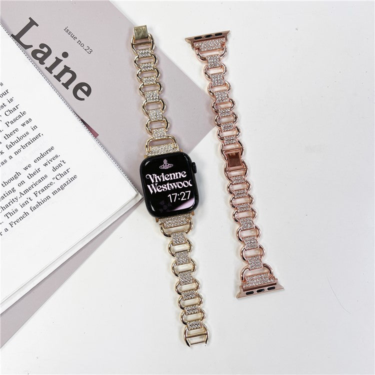 For Apple Watch Series 10 46mm / Ultra 2 Ultra 49mm / Series 9 8 7 45mm / 6 5 4 SE (2023) SE (2022) SE 44mm / 3 2 1 42mm AW Metal Watch Strap Rhinestone Decor Hollow Watchband - Rose Gold