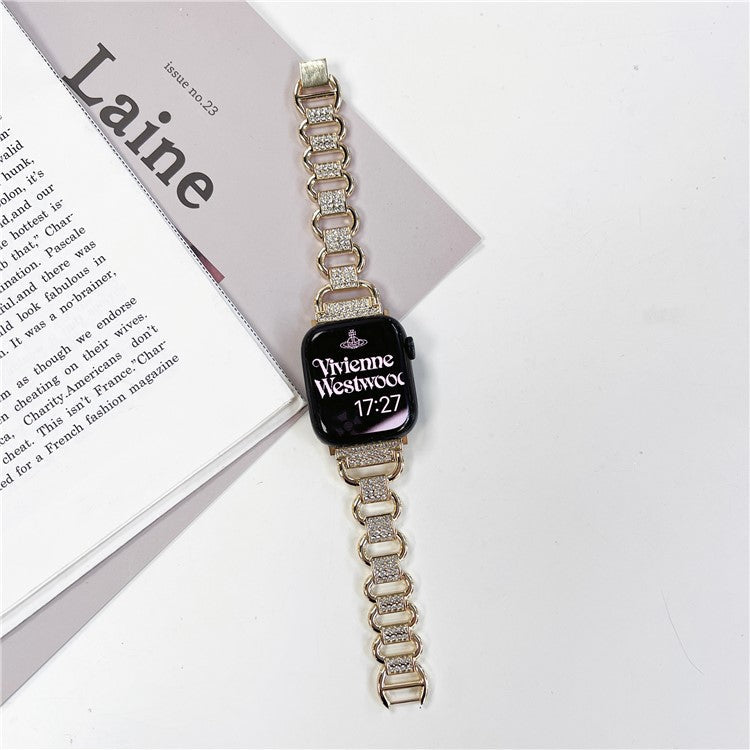 For Apple Watch Series 10 46mm / Ultra 2 Ultra 49mm / Series 9 8 7 45mm / 6 5 4 SE (2023) SE (2022) SE 44mm / 3 2 1 42mm AW Metal Watch Strap Rhinestone Decor Hollow Watchband - Gold