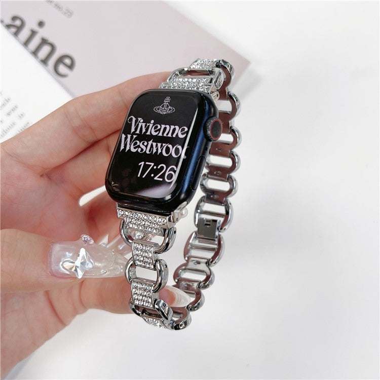 For Apple Watch Series 10 46mm / Ultra 2 Ultra 49mm / Series 9 8 7 45mm / 6 5 4 SE (2023) SE (2022) SE 44mm / 3 2 1 42mm AW Metal Watch Strap Rhinestone Decor Hollow Watchband - Gold