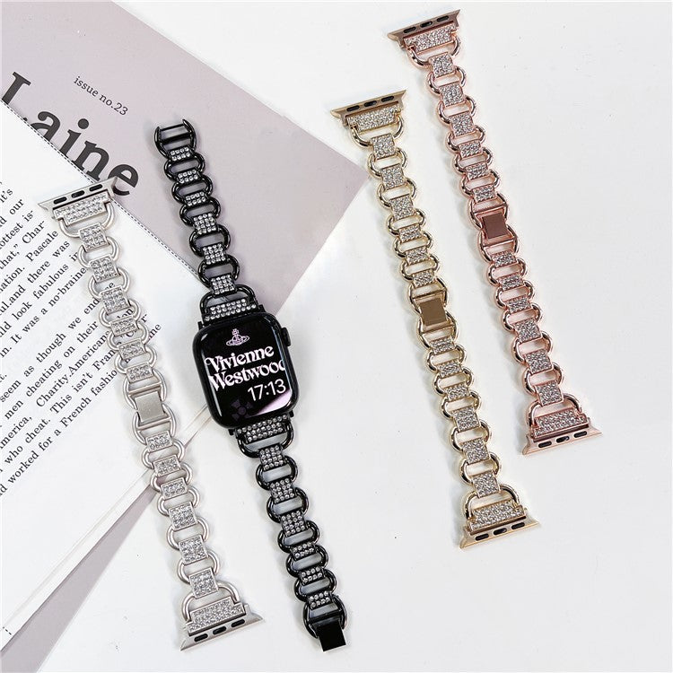 For Apple Watch Series 10 46mm / Ultra 2 Ultra 49mm / Series 9 8 7 45mm / 6 5 4 SE (2023) SE (2022) SE 44mm / 3 2 1 42mm AW Metal Watch Strap Rhinestone Decor Hollow Watchband - Gold