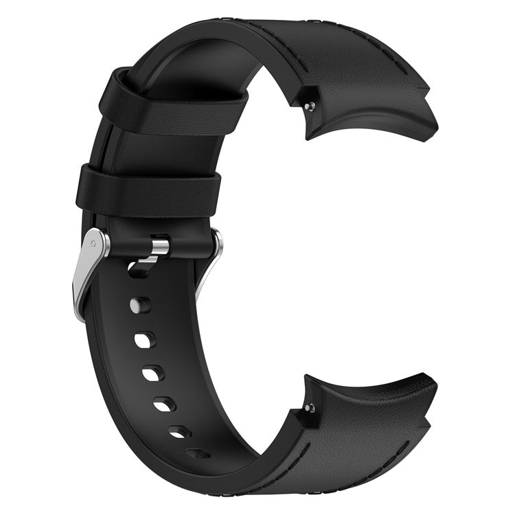 SGW Watch Band for Samsung Galaxy Watch6 / Watch6 Classic / Watch 5 / Watch 5 Pro / Watch4 / Watch4 Classic , PU Leather Coated Silicone Wrist Strap with Silver Buckle - Black