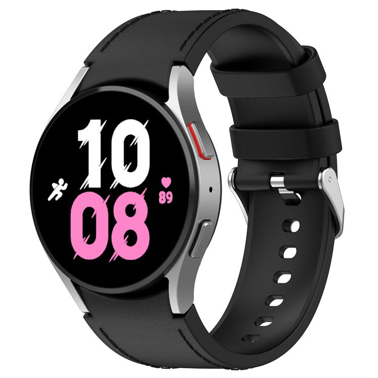 SGW Watch Band for Samsung Galaxy Watch6 / Watch6 Classic / Watch 5 / Watch 5 Pro / Watch4 / Watch4 Classic , PU Leather Coated Silicone Wrist Strap with Silver Buckle - Black