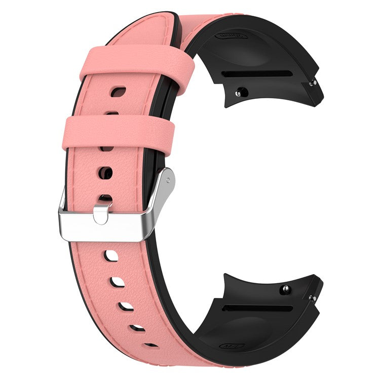 SGW Watch Band for Samsung Galaxy Watch6 / Watch6 Classic / Watch 5 / Watch 5 Pro / Watch4 / Watch4 Classic , PU Leather Coated Silicone Wrist Strap with Silver Buckle - Pink
