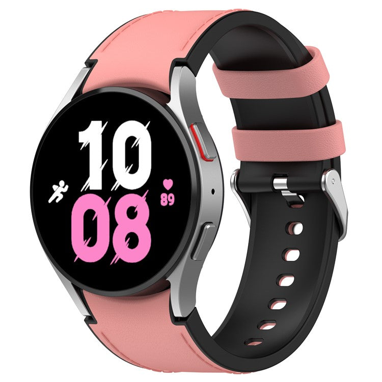 SGW Watch Band for Samsung Galaxy Watch6 / Watch6 Classic / Watch 5 / Watch 5 Pro / Watch4 / Watch4 Classic , PU Leather Coated Silicone Wrist Strap with Silver Buckle - Pink