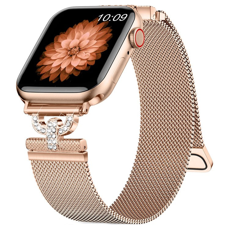 For Apple Watch Series 10 46mm / Ultra 2 Ultra 49mm / Series 9 8 7 45mm / 6 5 4 SE (2023) SE (2022) SE 44mm / 3 2 1 42mm Rhinestones D-Shape Wrist Strap Stainless Steel Milanese Band - Rose Gold