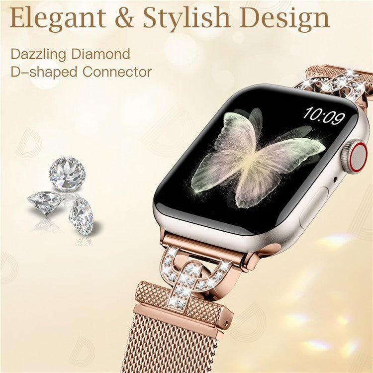 For Apple Watch Series 10 46mm / Ultra 2 Ultra 49mm / Series 9 8 7 45mm / 6 5 4 SE (2023) SE (2022) SE 44mm / 3 2 1 42mm Rhinestones D-Shape Wrist Strap Stainless Steel Milanese Band - Rose Gold