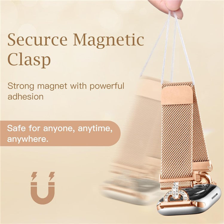 For Apple Watch Series 10 46mm / Ultra 2 Ultra 49mm / Series 9 8 7 45mm / 6 5 4 SE (2023) SE (2022) SE 44mm / 3 2 1 42mm Rhinestones D-Shape Wrist Strap Stainless Steel Milanese Band - Rose Gold