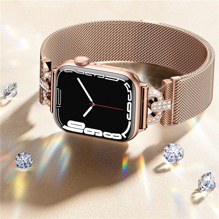 For Apple Watch Series 10 46mm / Ultra 2 Ultra 49mm / Series 9 8 7 45mm / 6 5 4 SE (2023) SE (2022) SE 44mm / 3 2 1 42mm Rhinestones D-Shape Wrist Strap Stainless Steel Milanese Band - Rose Gold