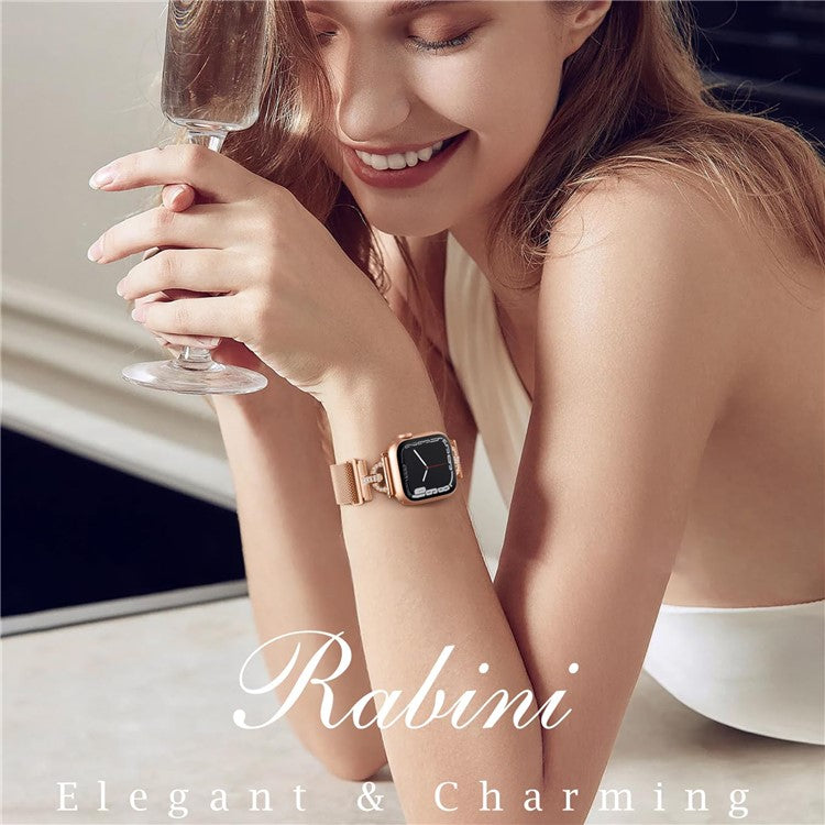 For Apple Watch Series 10 46mm / Ultra 2 Ultra 49mm / Series 9 8 7 45mm / 6 5 4 SE (2023) SE (2022) SE 44mm / 3 2 1 42mm Rhinestones D-Shape Wrist Strap Stainless Steel Milanese Band - Rose Gold