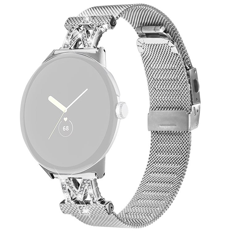 Stainless Steel Milanese Watch Band for Google Pixel Watch 2 / Pixel Watch Letter M Rhinestones Decorated Metal Watch Strap