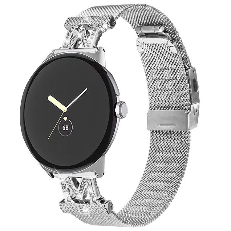 Stainless Steel Milanese Watch Band for Google Pixel Watch 2 / Pixel Watch Letter M Rhinestones Decorated Metal Watch Strap