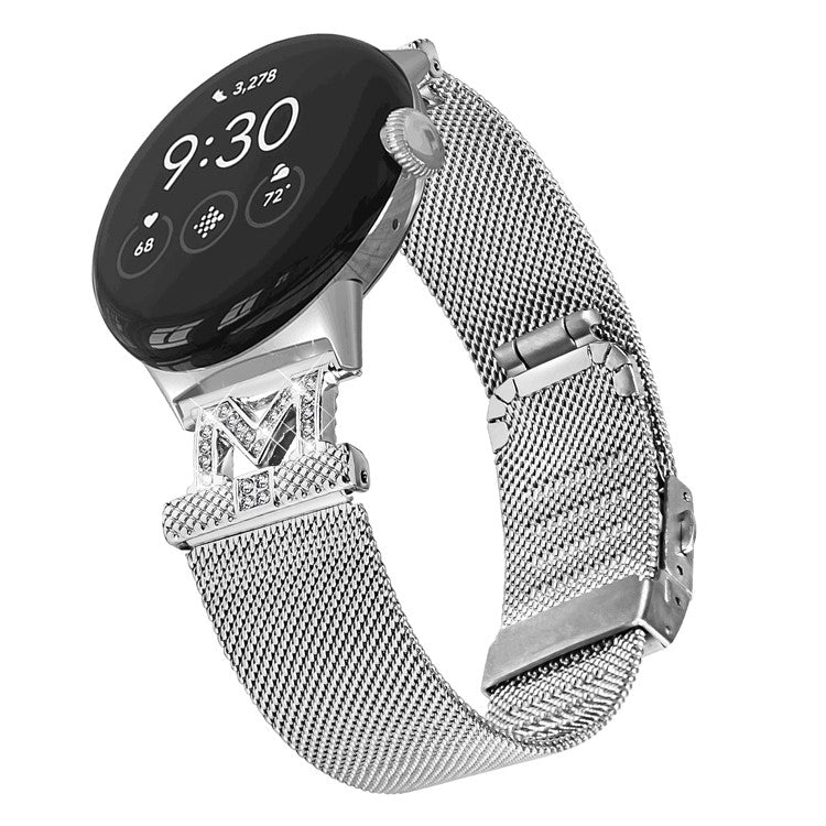 Stainless Steel Milanese Watch Band for Google Pixel Watch 2 / Pixel Watch Letter M Rhinestones Decorated Metal Watch Strap