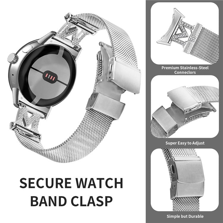 Stainless Steel Milanese Watch Band for Google Pixel Watch 2 / Pixel Watch Letter M Rhinestones Decorated Metal Watch Strap