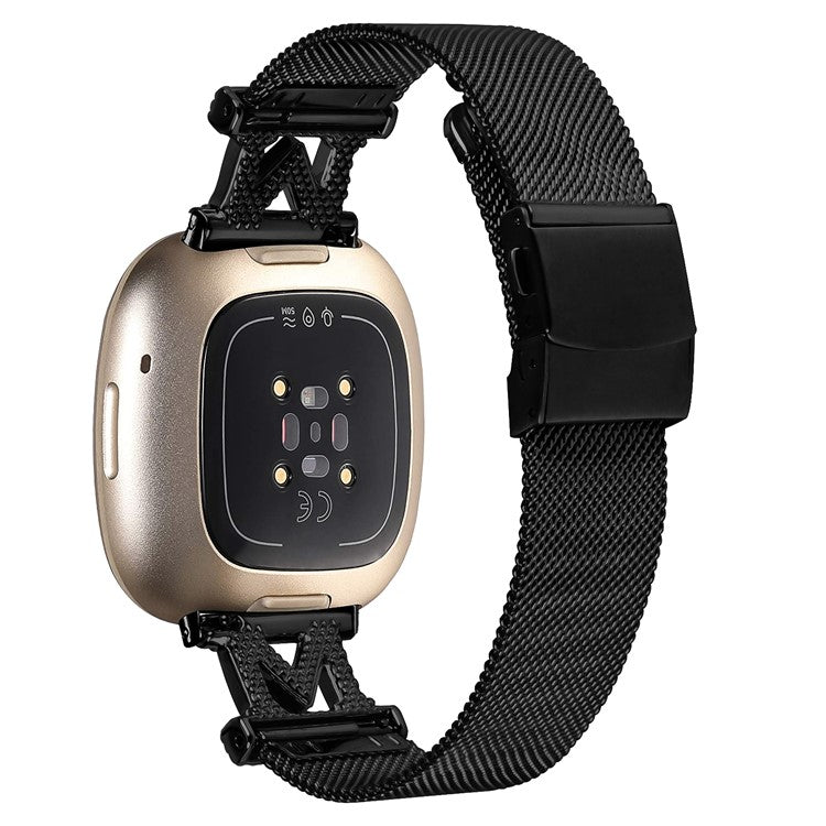 For Fitbit Sense / Versa 3 Milanese Stainless Steel Wrist Band M-shape Design Watch Strap with Folding Buckle - Black