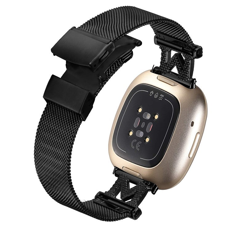 For Fitbit Sense / Versa 3 Milanese Stainless Steel Wrist Band M-shape Design Watch Strap with Folding Buckle - Black