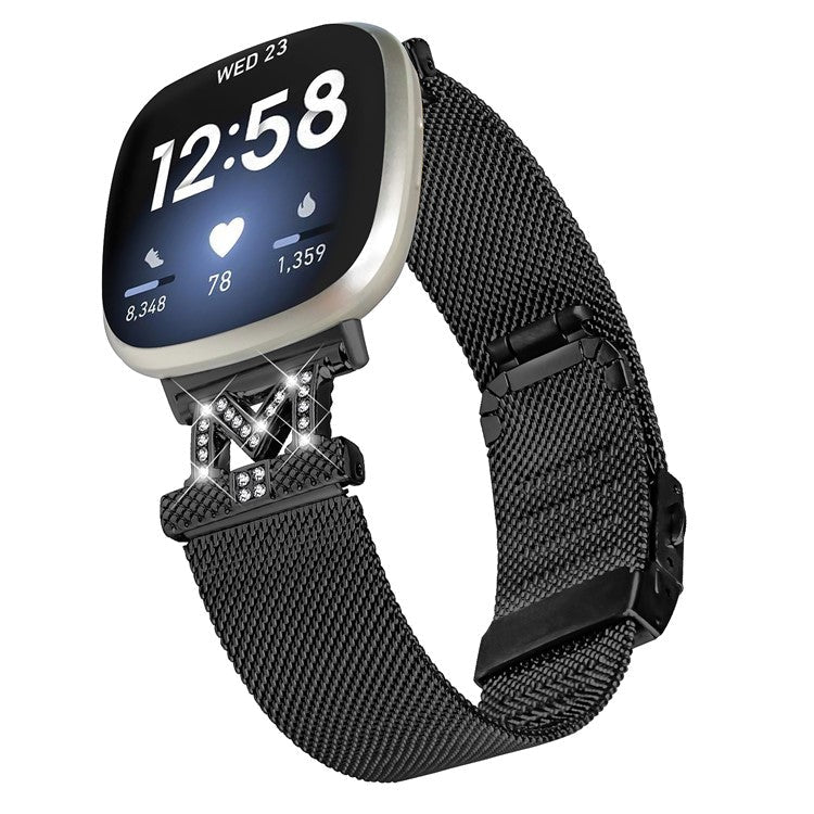 For Fitbit Sense / Versa 3 Milanese Stainless Steel Wrist Band M-shape Design Watch Strap with Folding Buckle - Black
