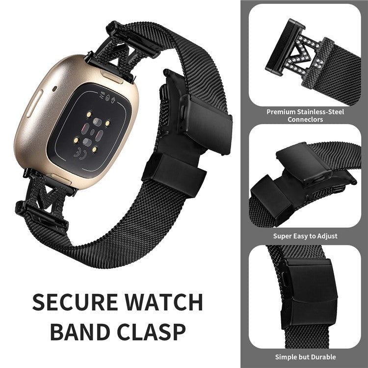 For Fitbit Sense / Versa 3 Milanese Stainless Steel Wrist Band M-shape Design Watch Strap with Folding Buckle - Black
