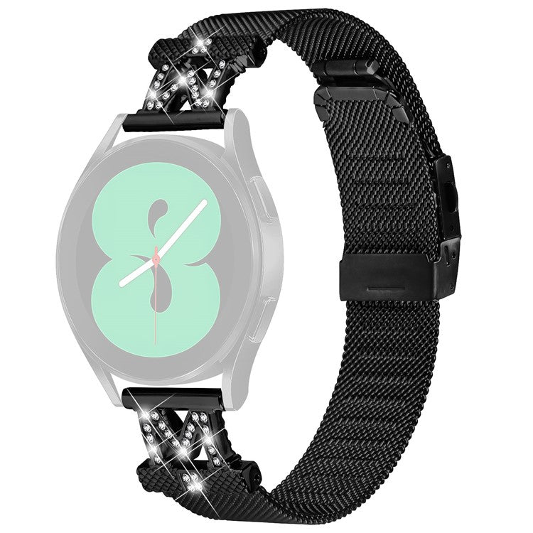 For Samsung Galaxy Watch6 40 / 44mm / Watch6 Classic 43mm / 47mm Metal Watch Strap 20mm Rhinestones Decorated Stainless Steel Watchband - Black