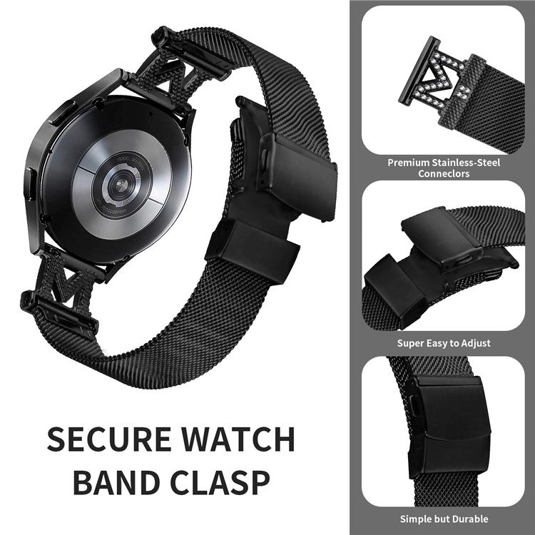 For Samsung Galaxy Watch6 40 / 44mm / Watch6 Classic 43mm / 47mm Metal Watch Strap 20mm Rhinestones Decorated Stainless Steel Watchband - Black