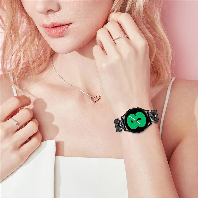 For Samsung Galaxy Watch6 40 / 44mm / Watch6 Classic 43mm / 47mm Metal Watch Strap 20mm Rhinestones Decorated Stainless Steel Watchband - Black