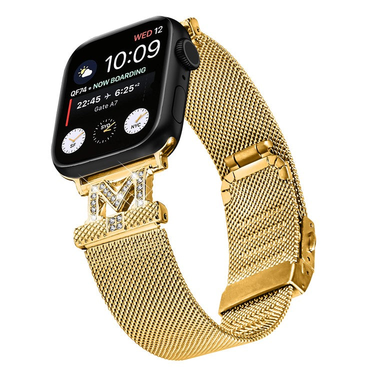 For Apple Watch Series 10 46mm / Ultra 2 Ultra 49mm / Series 9 8 7 45mm / 6 5 4 SE (2023) SE (2022) SE 44mm / 3 2 1 42mm Milanese Stainless Steel Band Rhinestone Decor Strap - Gold