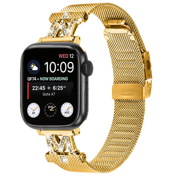 For Apple Watch Series 10 46mm / Ultra 2 Ultra 49mm / Series 9 8 7 45mm / 6 5 4 SE (2023) SE (2022) SE 44mm / 3 2 1 42mm Milanese Stainless Steel Band Rhinestone Decor Strap - Gold