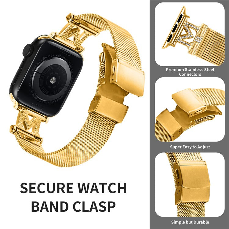 For Apple Watch Series 10 46mm / Ultra 2 Ultra 49mm / Series 9 8 7 45mm / 6 5 4 SE (2023) SE (2022) SE 44mm / 3 2 1 42mm Milanese Stainless Steel Band Rhinestone Decor Strap - Gold